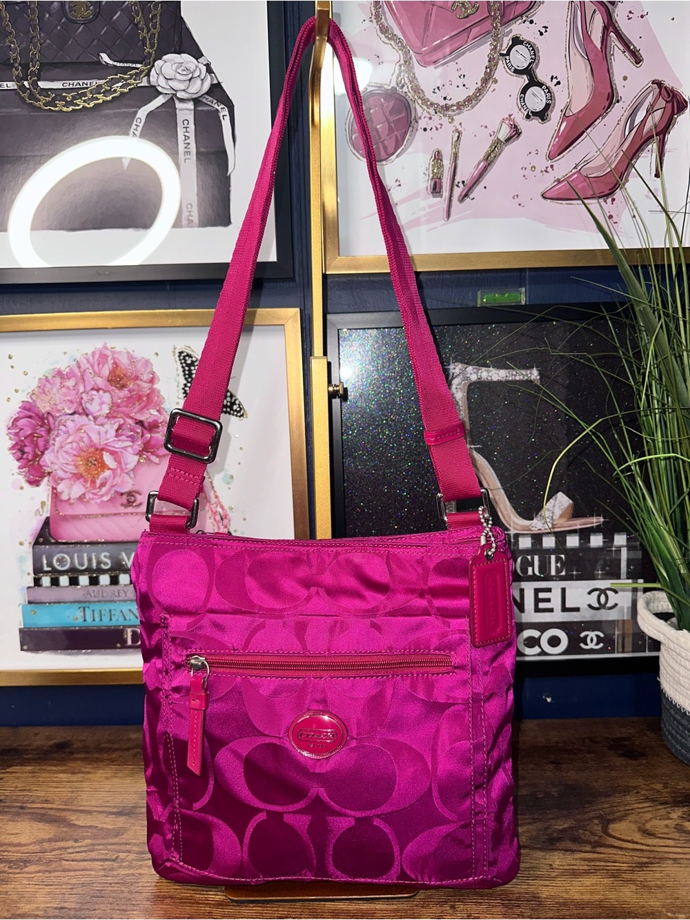 2013 Coach Signature Getaway Nylon File Crossbody Bag Fuchsia Pink